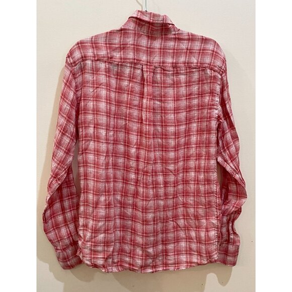 Peter Millar Men's M Red Plaid 100% Linen Long Sleeve Snap Button-Up Shirt - Picture 2 of 8